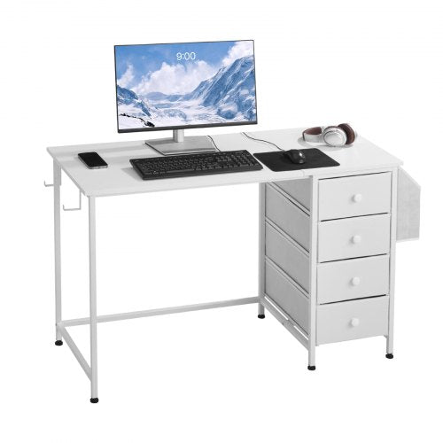 Computertisch mit Stoffschubladen, 120 cm, wendbarer Schreibtisch für modernes Homeoffice/Schlafzimmer, schlichter, moderner PC-Tisch mit Metallgestell, weiß