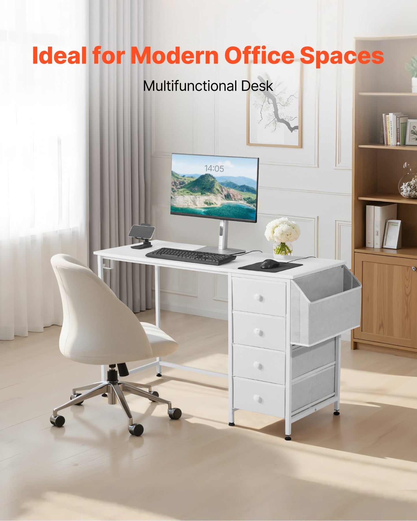 Computertisch mit Stoffschubladen, 120 cm, wendbarer Schreibtisch für modernes Homeoffice/Schlafzimmer, schlichter, moderner PC-Tisch mit Metallgestell, weiß
