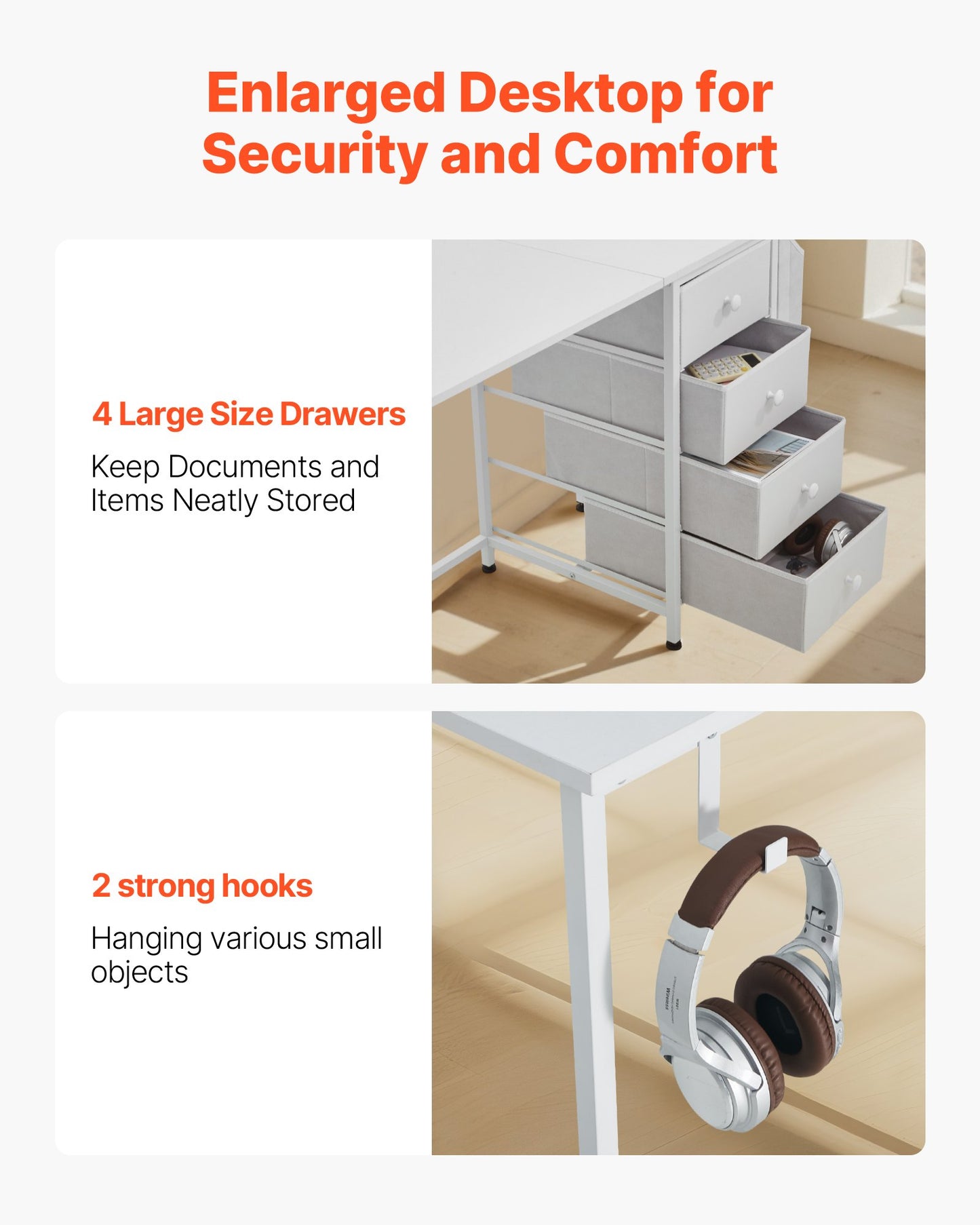 Computertisch mit Stoffschubladen, 120 cm, wendbarer Schreibtisch für modernes Homeoffice/Schlafzimmer, schlichter, moderner PC-Tisch mit Metallgestell, weiß
