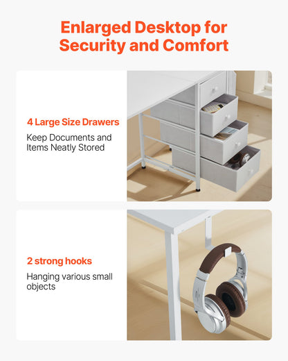 Computertisch mit Stoffschubladen, 120 cm, wendbarer Schreibtisch für modernes Homeoffice/Schlafzimmer, schlichter, moderner PC-Tisch mit Metallgestell, weiß