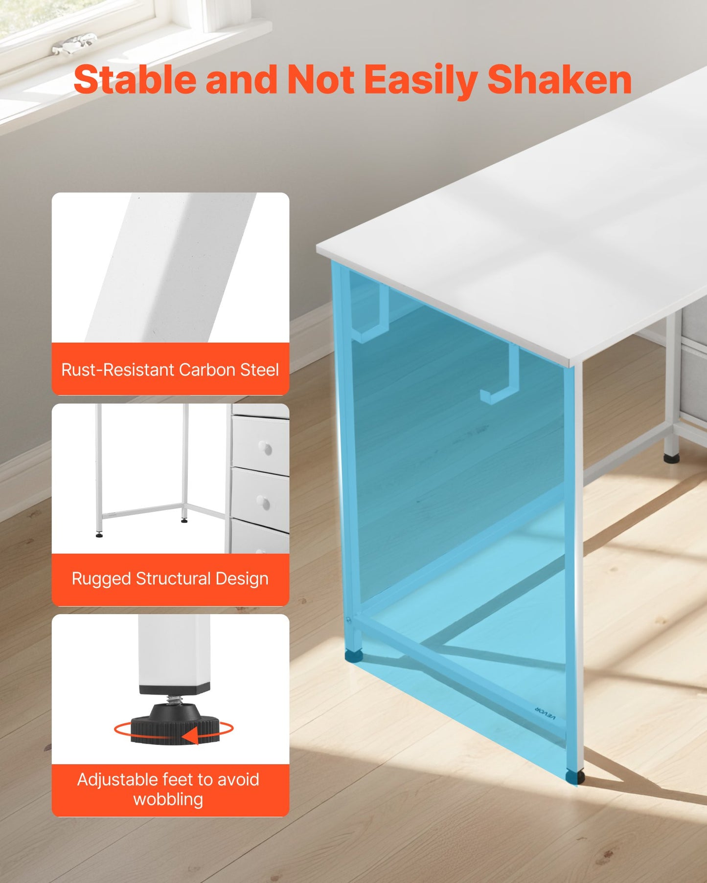 Computertisch mit Stoffschubladen, 120 cm, wendbarer Schreibtisch für modernes Homeoffice/Schlafzimmer, schlichter, moderner PC-Tisch mit Metallgestell, weiß