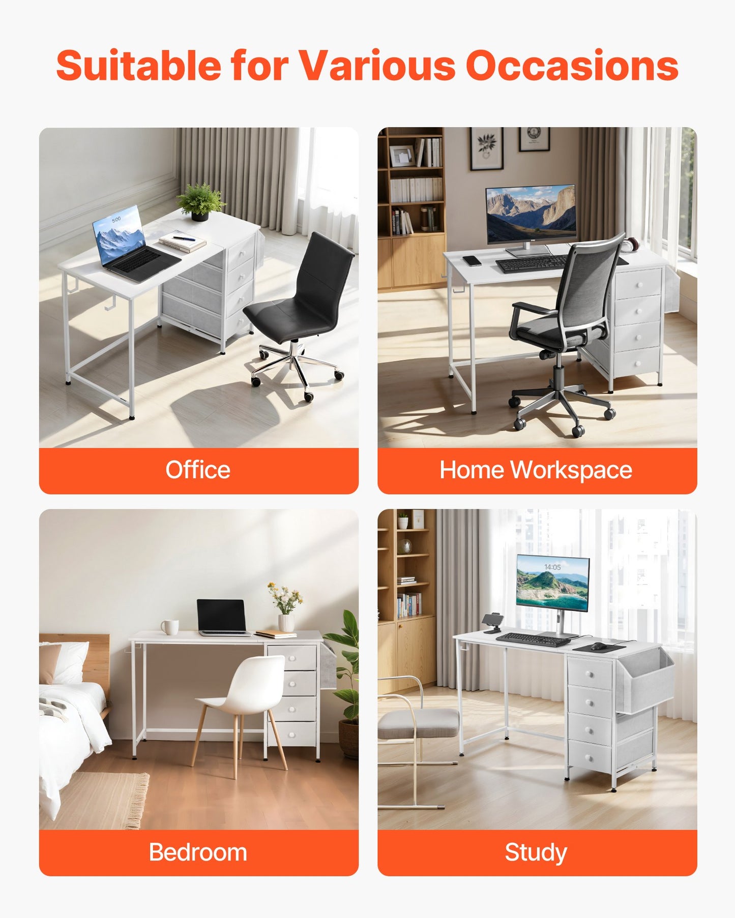 Computertisch mit Stoffschubladen, 120 cm, wendbarer Schreibtisch für modernes Homeoffice/Schlafzimmer, schlichter, moderner PC-Tisch mit Metallgestell, weiß