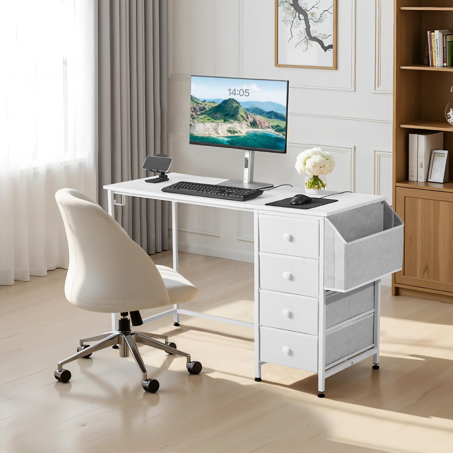 Computertisch mit Stoffschubladen, 120 cm, wendbarer Schreibtisch für modernes Homeoffice/Schlafzimmer, schlichter, moderner PC-Tisch mit Metallgestell, weiß
