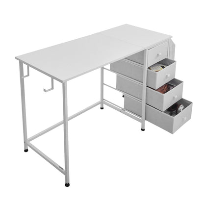 Computertisch mit Stoffschubladen, 120 cm, wendbarer Schreibtisch für modernes Homeoffice/Schlafzimmer, schlichter, moderner PC-Tisch mit Metallgestell, weiß
