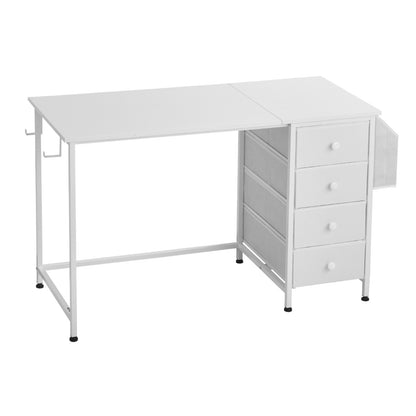 Computertisch mit Stoffschubladen, 120 cm, wendbarer Schreibtisch für modernes Homeoffice/Schlafzimmer, schlichter, moderner PC-Tisch mit Metallgestell, weiß