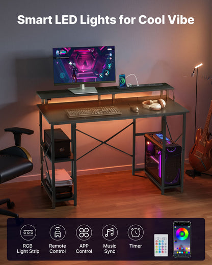 120 cm Computertisch mit intelligenter LED-Beleuchtung und Steckdosen, wendbarer Gaming-Schreibtisch mit Monitorständer und 2-stufigen Ablagefächern, ideal für Homeoffice und Arbeitszimmer, Schwarz