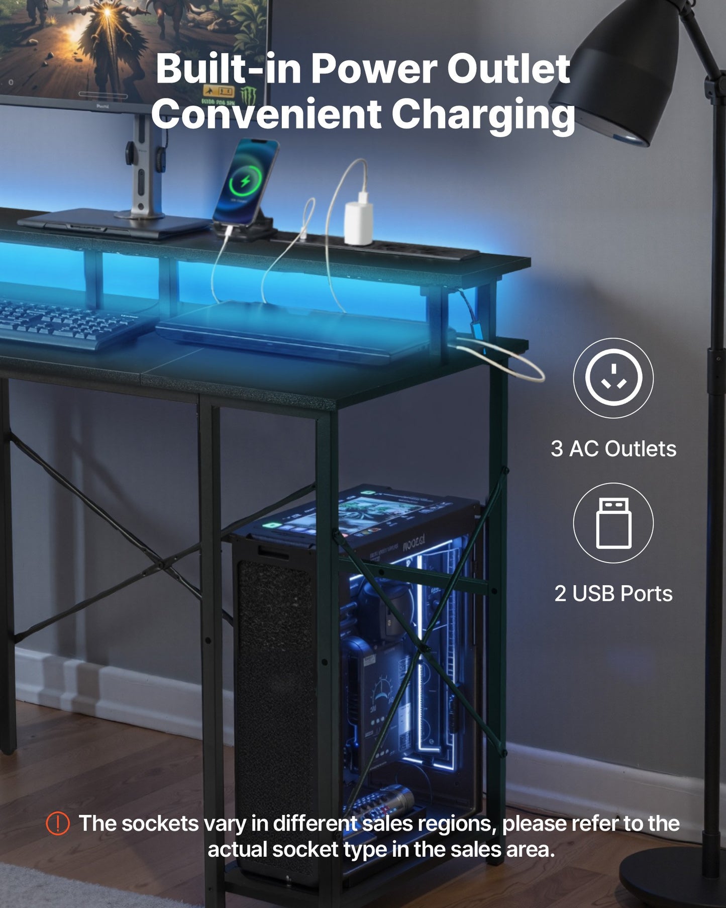 120 cm Computertisch mit intelligenter LED-Beleuchtung und Steckdosen, wendbarer Gaming-Schreibtisch mit Monitorständer und 2-stufigen Ablagefächern, ideal für Homeoffice und Arbeitszimmer, Schwarz