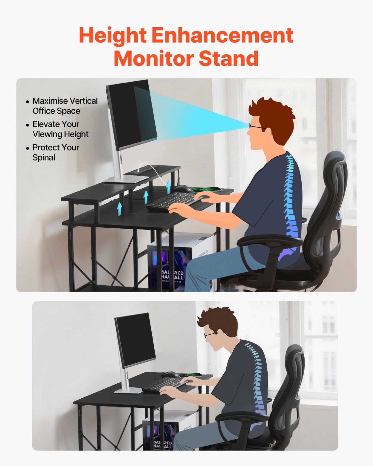 120 cm Computertisch mit intelligenter LED-Beleuchtung und Steckdosen, wendbarer Gaming-Schreibtisch mit Monitorständer und 2-stufigen Ablagefächern, ideal für Homeoffice und Arbeitszimmer, Schwarz