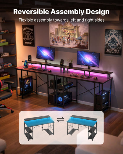 120 cm Computertisch mit intelligenter LED-Beleuchtung und Steckdosen, wendbarer Gaming-Schreibtisch mit Monitorständer und 2-stufigen Ablagefächern, ideal für Homeoffice und Arbeitszimmer, Schwarz