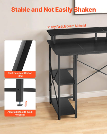 120 cm Computertisch mit intelligenter LED-Beleuchtung und Steckdosen, wendbarer Gaming-Schreibtisch mit Monitorständer und 2-stufigen Ablagefächern, ideal für Homeoffice und Arbeitszimmer, Schwarz