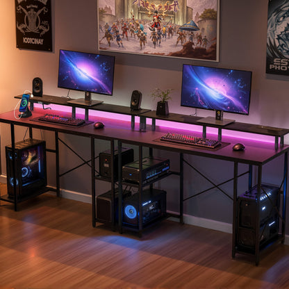 120 cm Computertisch mit intelligenter LED-Beleuchtung und Steckdosen, wendbarer Gaming-Schreibtisch mit Monitorständer und 2-stufigen Ablagefächern, ideal für Homeoffice und Arbeitszimmer, Schwarz