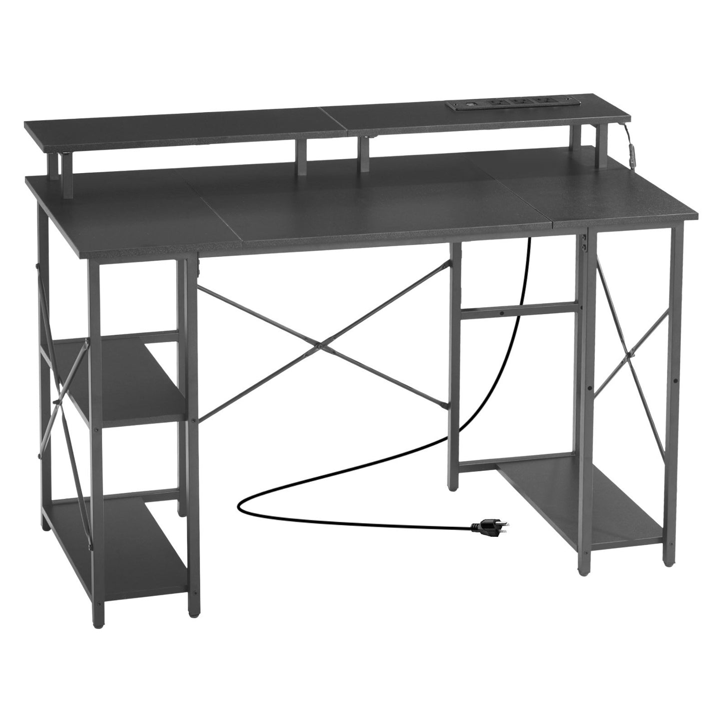 120 cm Computertisch mit intelligenter LED-Beleuchtung und Steckdosen, wendbarer Gaming-Schreibtisch mit Monitorständer und 2-stufigen Ablagefächern, ideal für Homeoffice und Arbeitszimmer, Schwarz