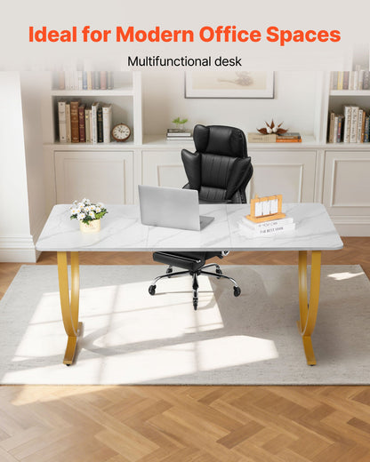 Executive Desk, 160 cm W x 80 cm D Large Office Desk, Modern Computer Table Conference Meeting Room Table, Business Furniture Enlarged Desktop for Home Office, White and Gold