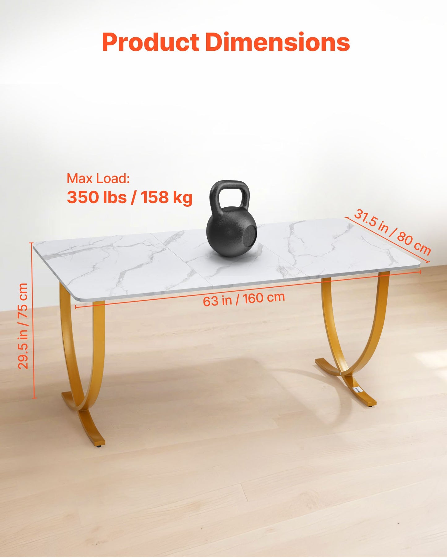 Executive Desk, 160 cm W x 80 cm D Large Office Desk, Modern Computer Table Conference Meeting Room Table, Business Furniture Enlarged Desktop for Home Office, White and Gold