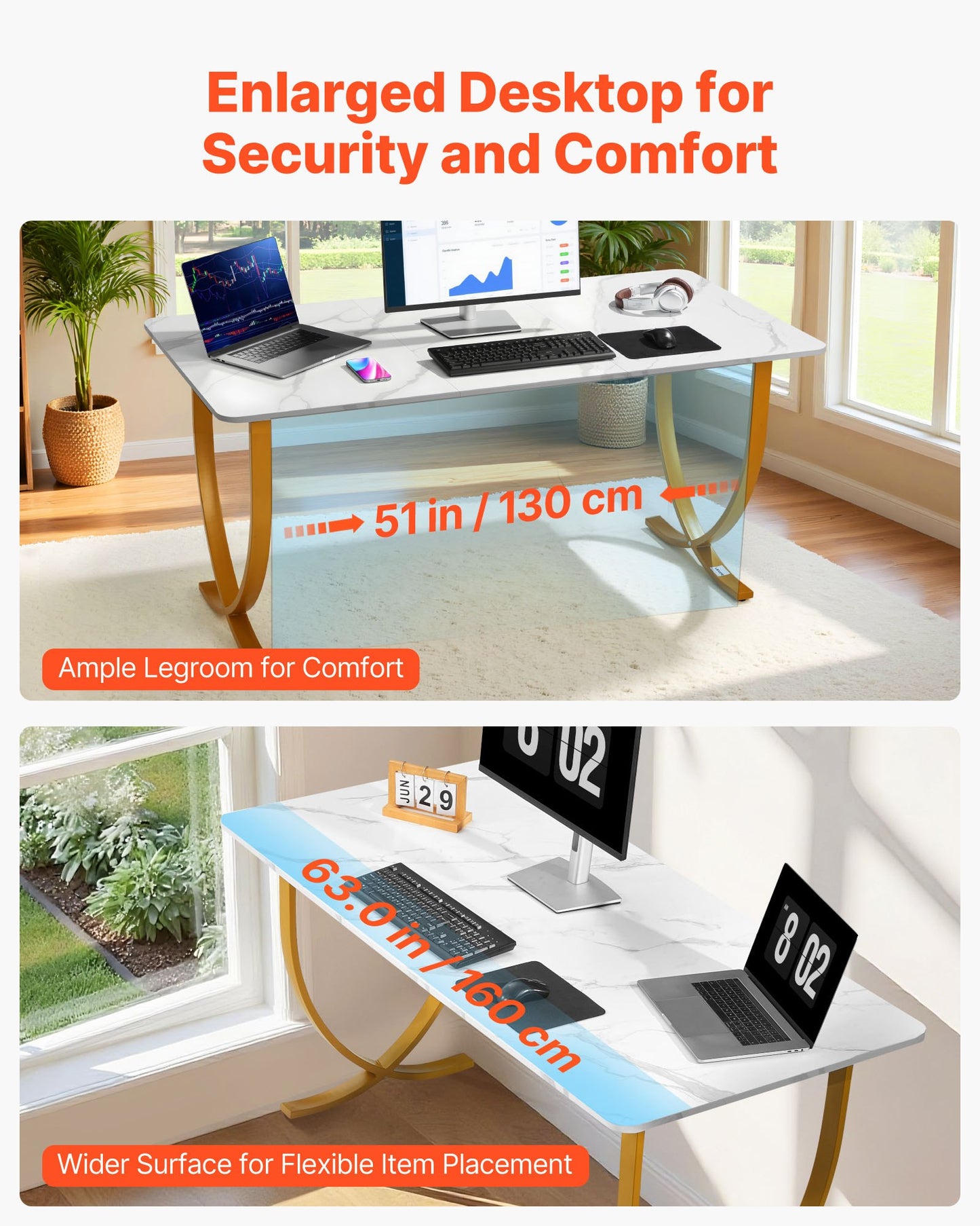 Executive Desk, 160 cm W x 80 cm D Large Office Desk, Modern Computer Table Conference Meeting Room Table, Business Furniture Enlarged Desktop for Home Office, White and Gold