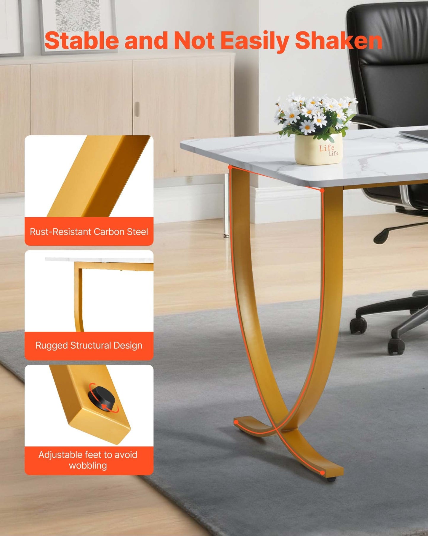 Executive Desk, 160 cm W x 80 cm D Large Office Desk, Modern Computer Table Conference Meeting Room Table, Business Furniture Enlarged Desktop for Home Office, White and Gold