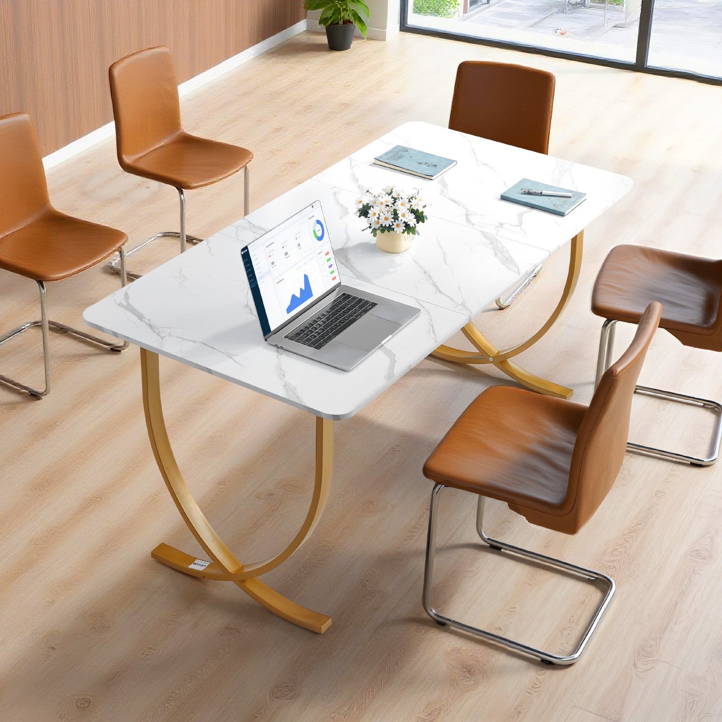 Executive Desk, 160 cm W x 80 cm D Large Office Desk, Modern Computer Table Conference Meeting Room Table, Business Furniture Enlarged Desktop for Home Office, White and Gold