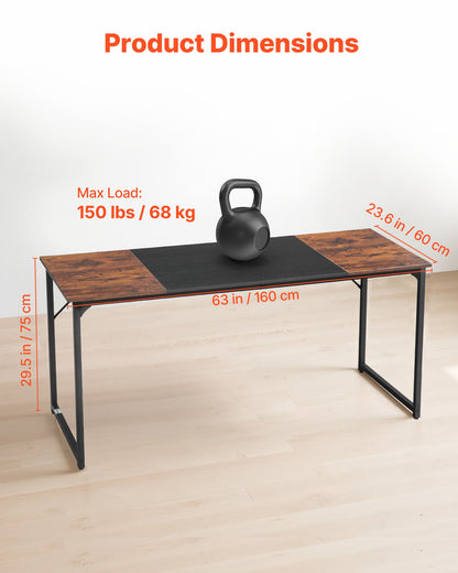 Computer Desk, 160 cm Office Gaming Desk for Home Office, Writing Study Work Modern Simple Table with Metal Frame for Large Legroom, Rustic Brown and Black