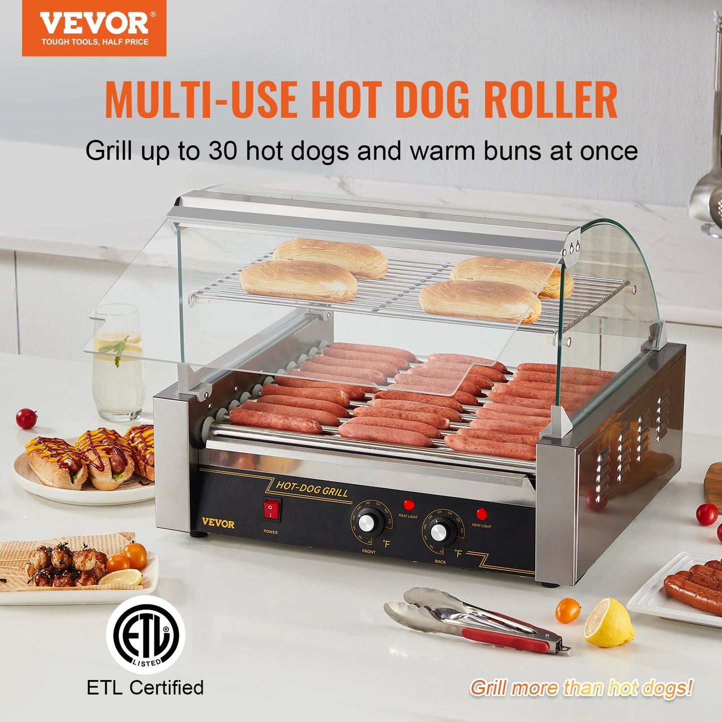 Electric 30 Hot Dog 11 Roller Grill Cooker Machine Backsplash Shelf 2.2KW