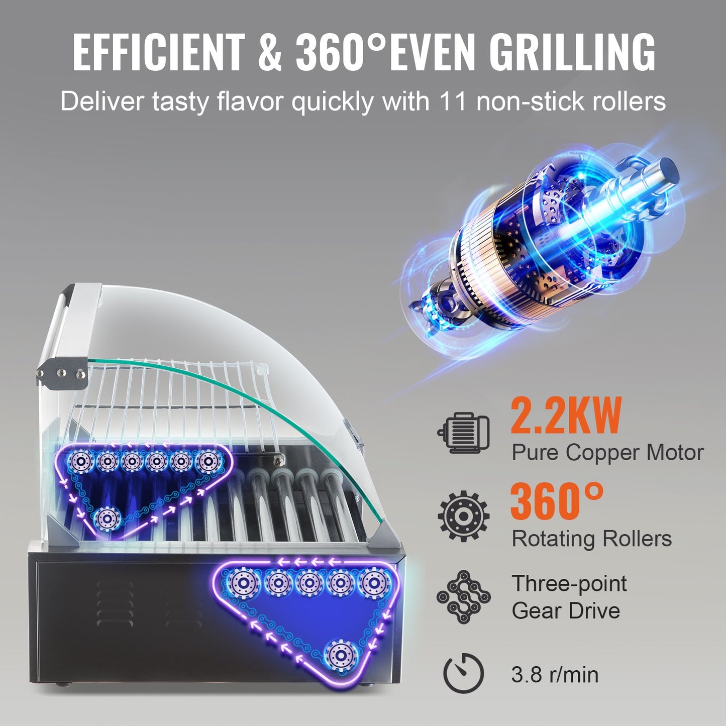 Electric 30 Hot Dog 11 Roller Grill Cooker Machine Backsplash Shelf 2.2KW