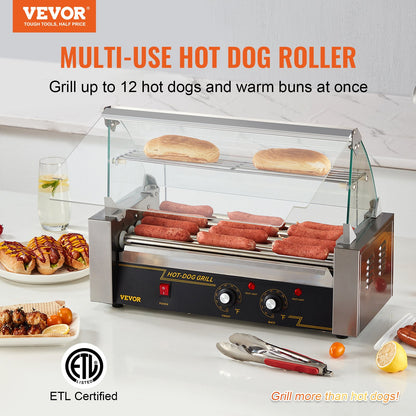 Elektrischer Hot-Dog-Grill mit 5 Rollen für 12 Würstchen, inklusive Spritzschutz und Ablage, 1000 W