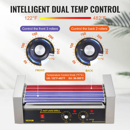 Elektrischer Hot-Dog-Grill mit 5 Rollen für 12 Würstchen, inklusive Spritzschutz und Ablage, 1000 W