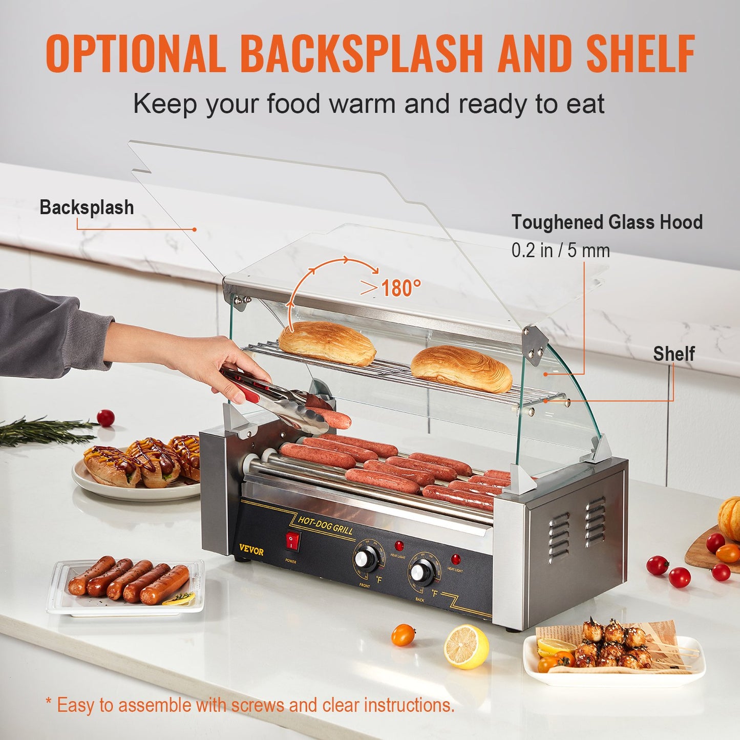 Elektrischer Hot-Dog-Grill mit 5 Rollen für 12 Würstchen, inklusive Spritzschutz und Ablage, 1000 W