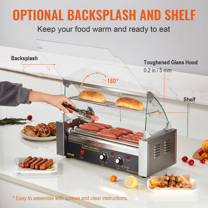 Elektrischer Hot-Dog-Grill mit 5 Rollen für 12 Würstchen, inklusive Spritzschutz und Ablage, 1000 W
