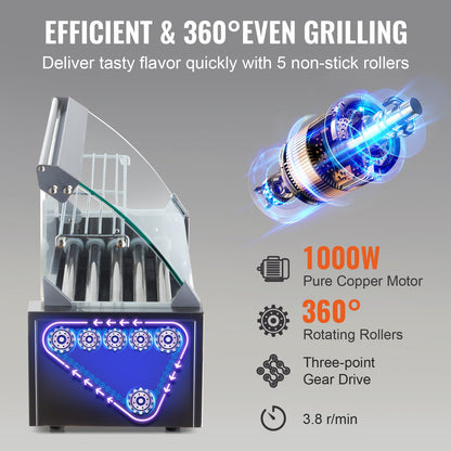 Elektrischer Hot-Dog-Grill mit 5 Rollen für 12 Würstchen, inklusive Spritzschutz und Ablage, 1000 W