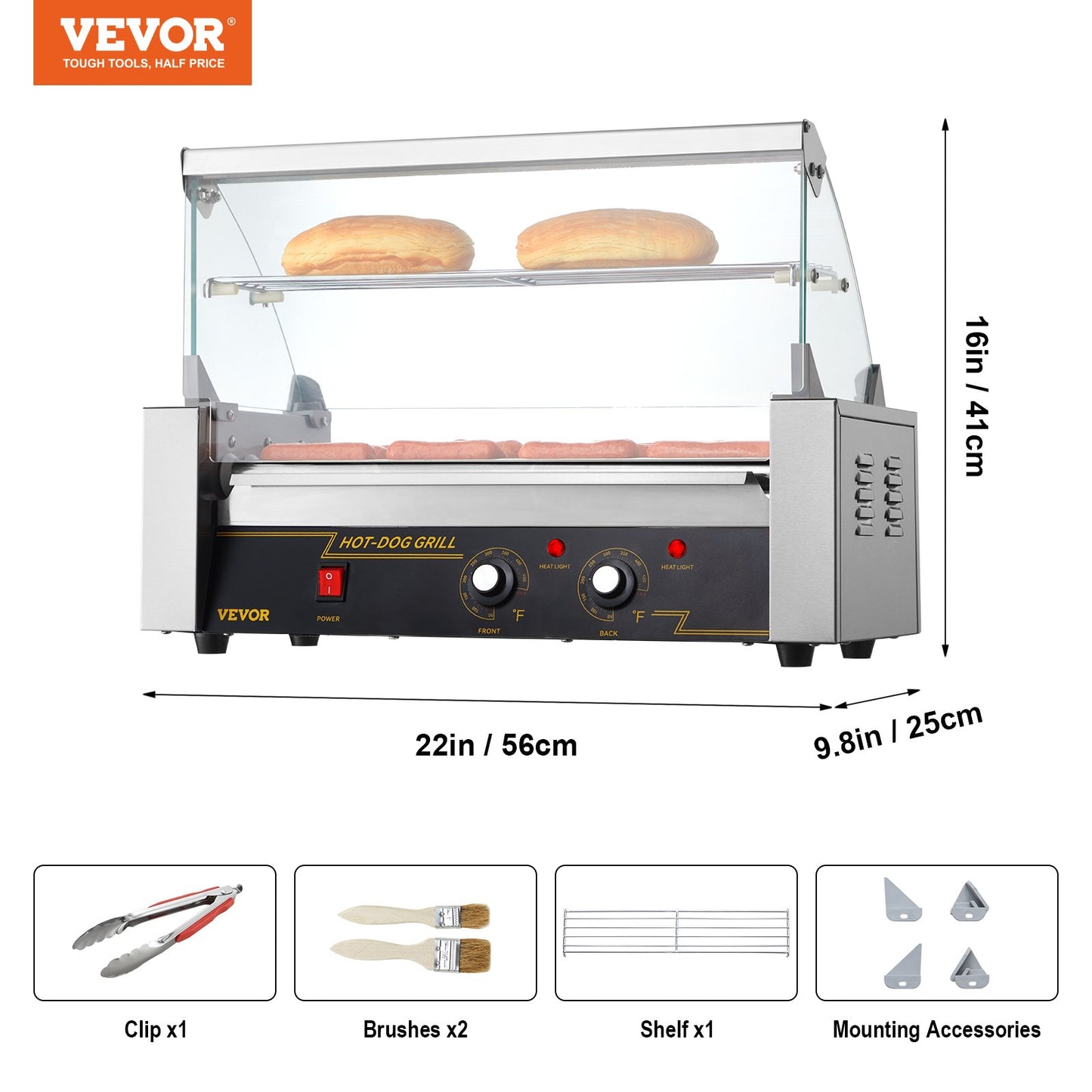 Elektrischer Hot-Dog-Grill mit 5 Rollen für 12 Würstchen, inklusive Spritzschutz und Ablage, 1000 W