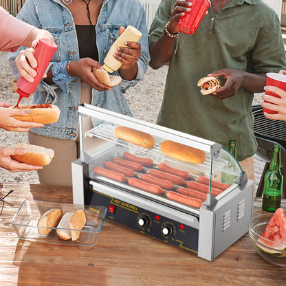 Elektrischer Hot-Dog-Grill mit 5 Rollen für 12 Würstchen, inklusive Spritzschutz und Ablage, 1000 W