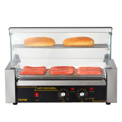 Elektrischer Hot-Dog-Grill mit 5 Rollen für 12 Würstchen, inklusive Spritzschutz und Ablage, 1000 W