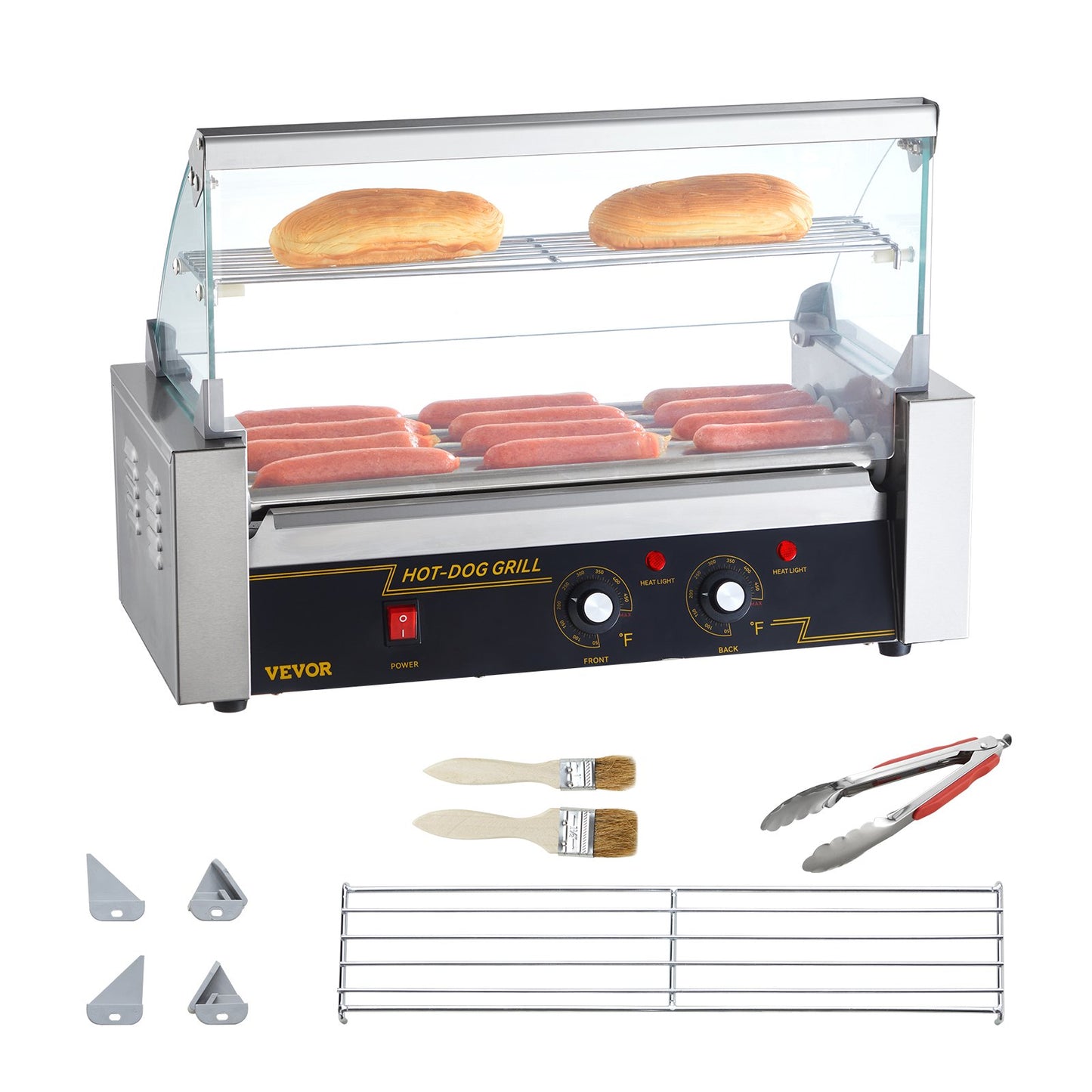 Elektrischer Hot-Dog-Grill mit 5 Rollen für 12 Würstchen, inklusive Spritzschutz und Ablage, 1000 W