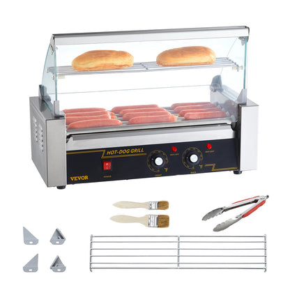 Elektrischer Hot-Dog-Grill mit 5 Rollen für 12 Würstchen, inklusive Spritzschutz und Ablage, 1000 W
