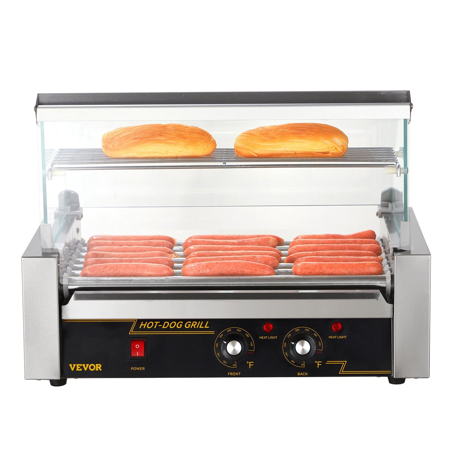 Electric 18 Hot Dog 7 Roller Grill Cooker Machine Backsplash & Shelf 1.4KW