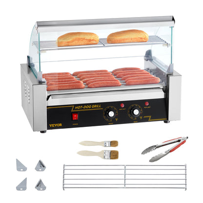 Electric 18 Hot Dog 7 Roller Grill Cooker Machine Backsplash & Shelf 1.4KW