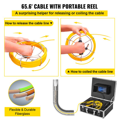 65.6FT Cable Pipe Inspection Camera Kit Water-Proof Endoscope W/ 8G SD Card
