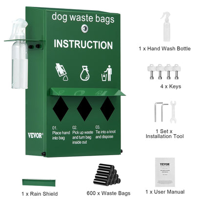 Hundekotbeutelspender mit Handwaschflasche, abschließbarer Hundekotbeutelhalter für den Außenbereich mit 600 Kotbeuteln, zur Befestigung an Pfosten, Stangen, Zäunen und Wänden, Hundekotbeutelstation für Veranda und Rasen