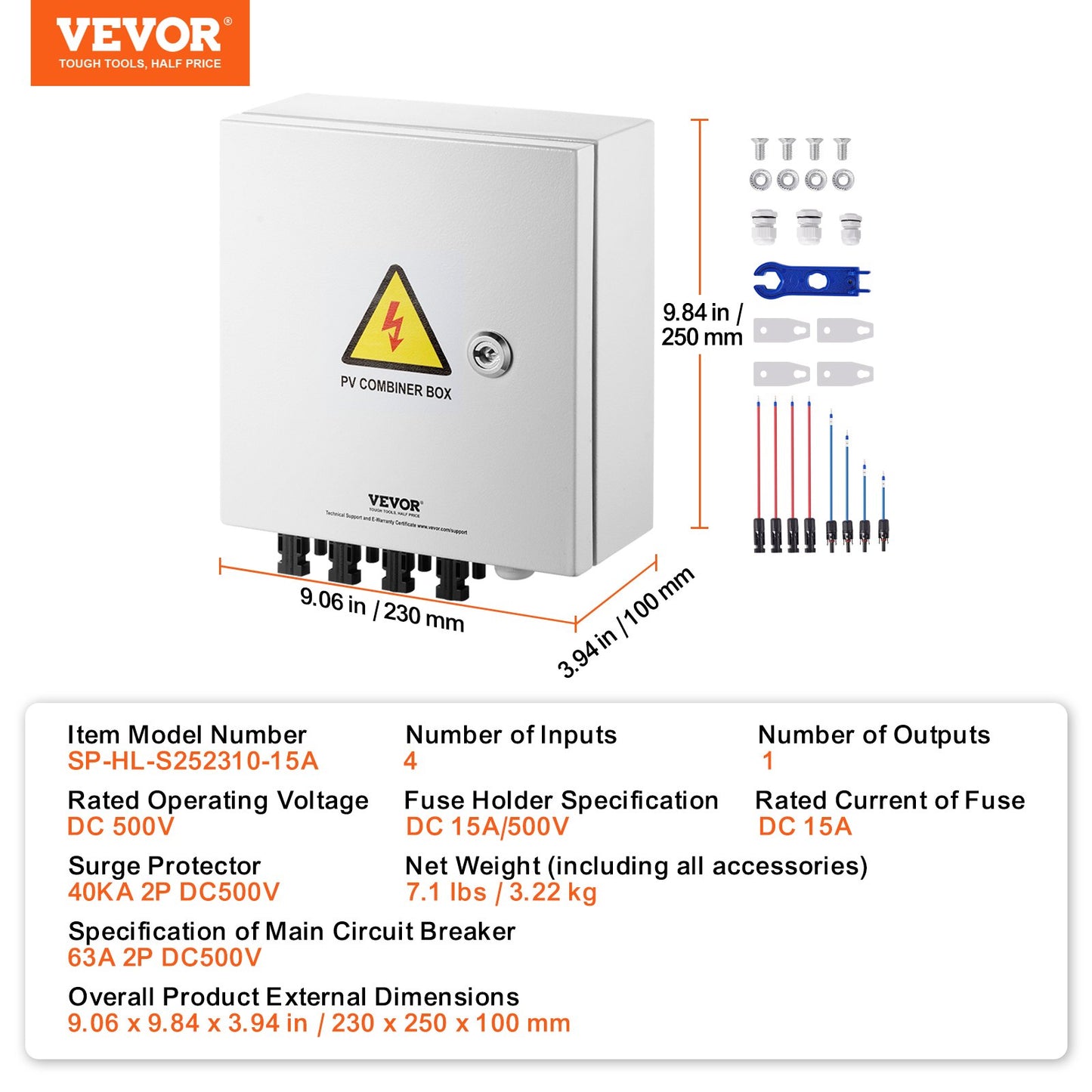 PV Combiner Box, 4 String, Solar Combiner Box with 15A Rated Current Fuse 63A Circuit Breaker Lightning Arrester and Solar Connector, Steel Case for On / Off Grid Solar Panel System, IP65