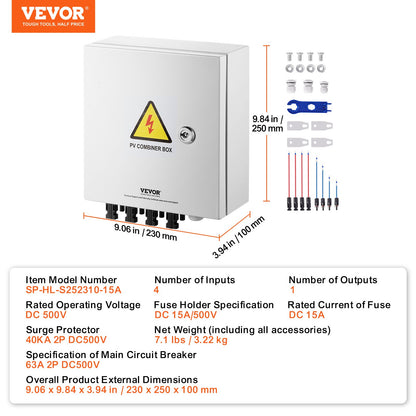 PV Combiner Box, 4 String, Solar Combiner Box with 15A Rated Current Fuse 63A Circuit Breaker Lightning Arrester and Solar Connector, Steel Case for On / Off Grid Solar Panel System, IP65