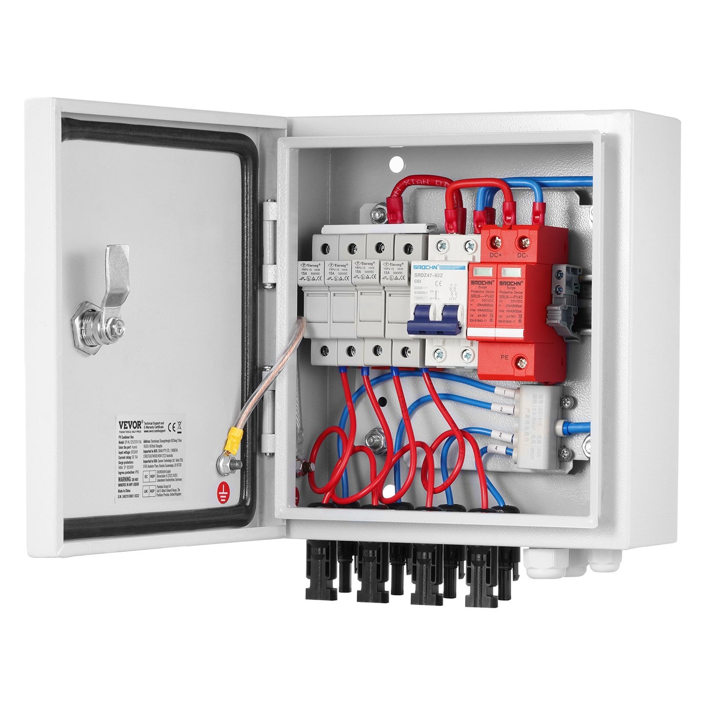 PV Combiner Box, 4 String, Solar Combiner Box with 15A Rated Current Fuse 63A Circuit Breaker Lightning Arrester and Solar Connector, Steel Case for On / Off Grid Solar Panel System, IP65