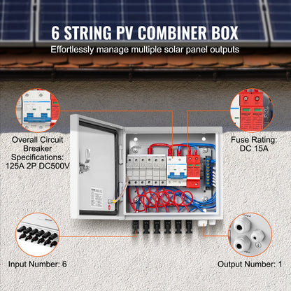 PV Combiner Box, 6 String, Solar Combiner Box with 15A Rated Current Fuse 125A Circuit Breaker Lightning Arrester and Solar Connector, Steel Case for On / Off Grid Solar Panel System, IP65
