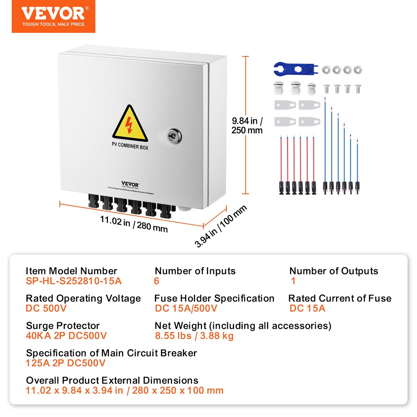 PV Combiner Box, 6 String, Solar Combiner Box with 15A Rated Current Fuse 125A Circuit Breaker Lightning Arrester and Solar Connector, Steel Case for On / Off Grid Solar Panel System, IP65