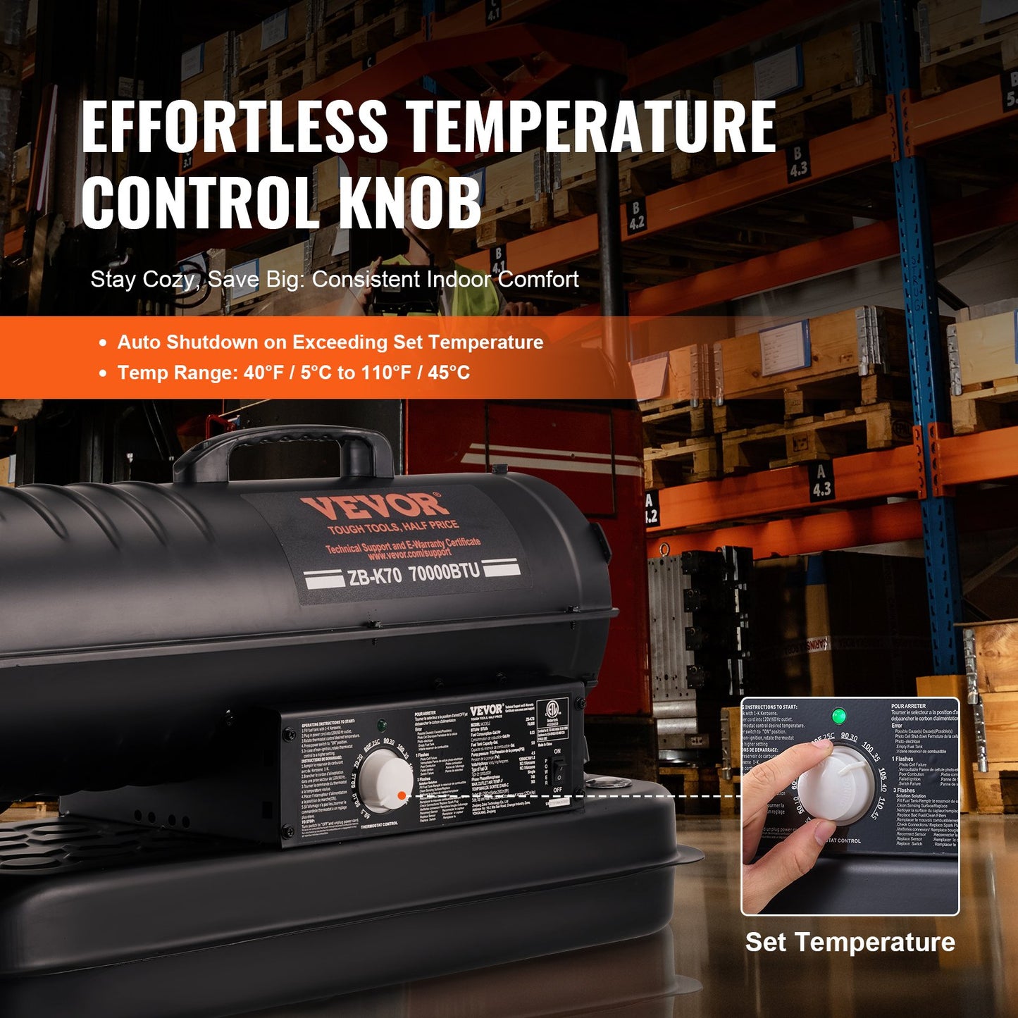 Petroleum-/Diesel-Heißluftheizung, 70.000 BTU, tragbar mit Thermostatsteuerung, 19-Liter-Tank, effiziente Petroleumheizung für den Innen- und Außenbereich, geeignet für Zuhause, Baustellen, Industrie und Werkstätten, Schwarz