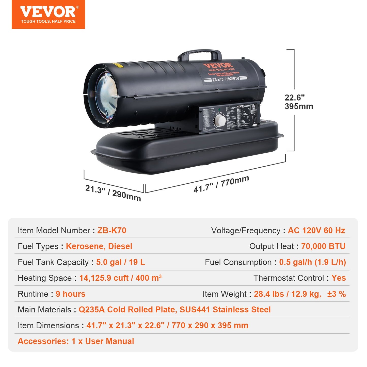 Petroleum-/Diesel-Heißluftheizung, 70.000 BTU, tragbar mit Thermostatsteuerung, 19-Liter-Tank, effiziente Petroleumheizung für den Innen- und Außenbereich, geeignet für Zuhause, Baustellen, Industrie und Werkstätten, Schwarz