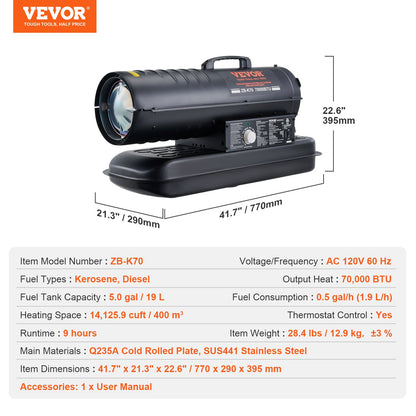 Petroleum-/Diesel-Heißluftheizung, 70.000 BTU, tragbar mit Thermostatsteuerung, 19-Liter-Tank, effiziente Petroleumheizung für den Innen- und Außenbereich, geeignet für Zuhause, Baustellen, Industrie und Werkstätten, Schwarz