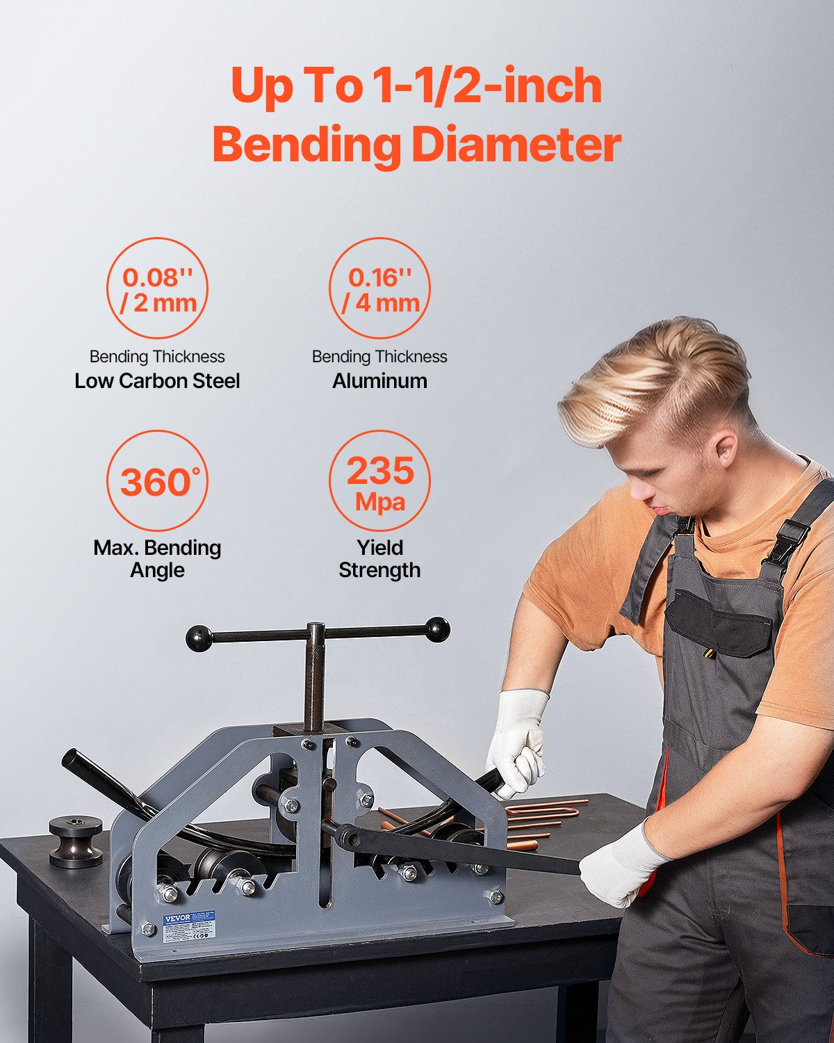 Rohrbiegemaschine, max. 1-1/2" (38 mm), manuelle Rohrbiegemaschine mit 6 Biegebacken, 360°-Biegewerkzeug für Kupfer- und Aluminiumrohre (Vierkant-, Rund- und Flachrohre), ideal für Klimaanlagen, Kfz-Reparaturen