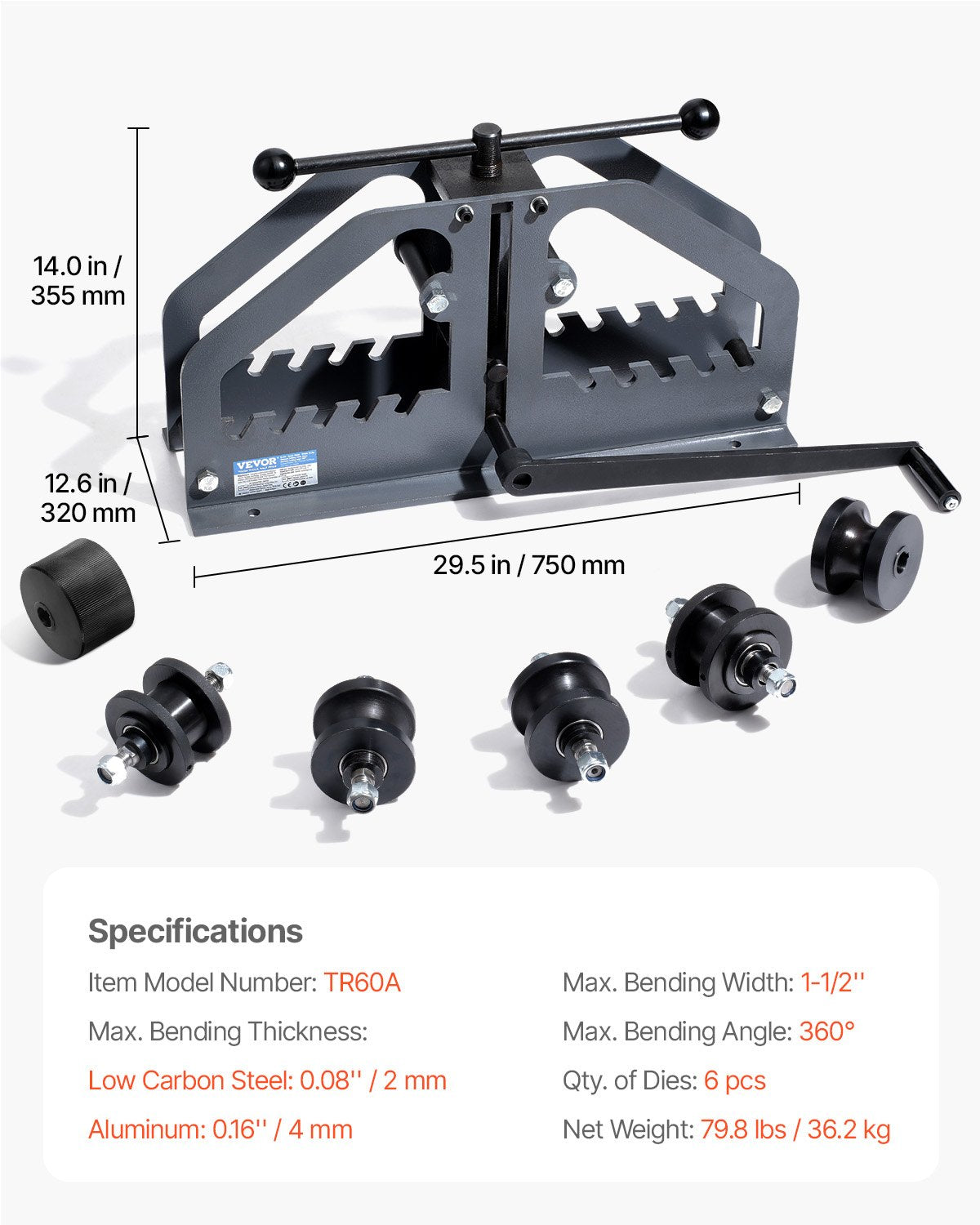 Rohrbiegemaschine, max. 1-1/2" (38 mm), manuelle Rohrbiegemaschine mit 6 Biegebacken, 360°-Biegewerkzeug für Kupfer- und Aluminiumrohre (Vierkant-, Rund- und Flachrohre), ideal für Klimaanlagen, Kfz-Reparaturen