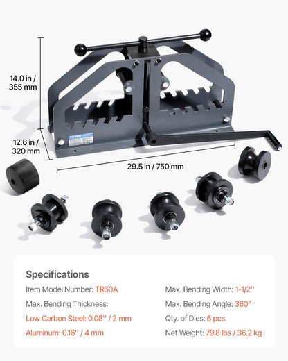 Rohrbiegemaschine, max. 1-1/2" (38 mm), manuelle Rohrbiegemaschine mit 6 Biegebacken, 360°-Biegewerkzeug für Kupfer- und Aluminiumrohre (Vierkant-, Rund- und Flachrohre), ideal für Klimaanlagen, Kfz-Reparaturen