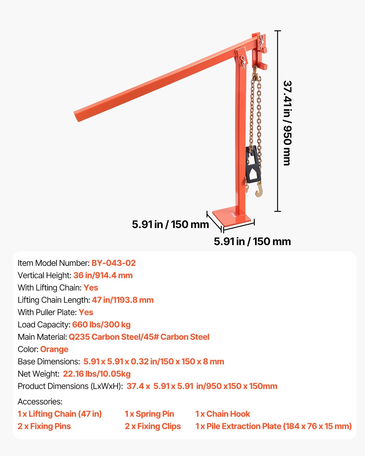 91.4 cm T Post Puller, Heavy Duty Fence Post Pullers with Puller Plate & 119 cm Lifting Chain, Labor-Saving T-Post Remover Tool for Round Fence Posts, Sign Posts & Tree Stumps